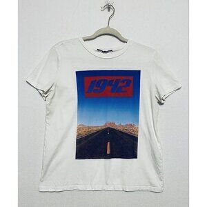 Zara Top Womens Medium White Front Print 1942 Highway Graphic Short Sleeves